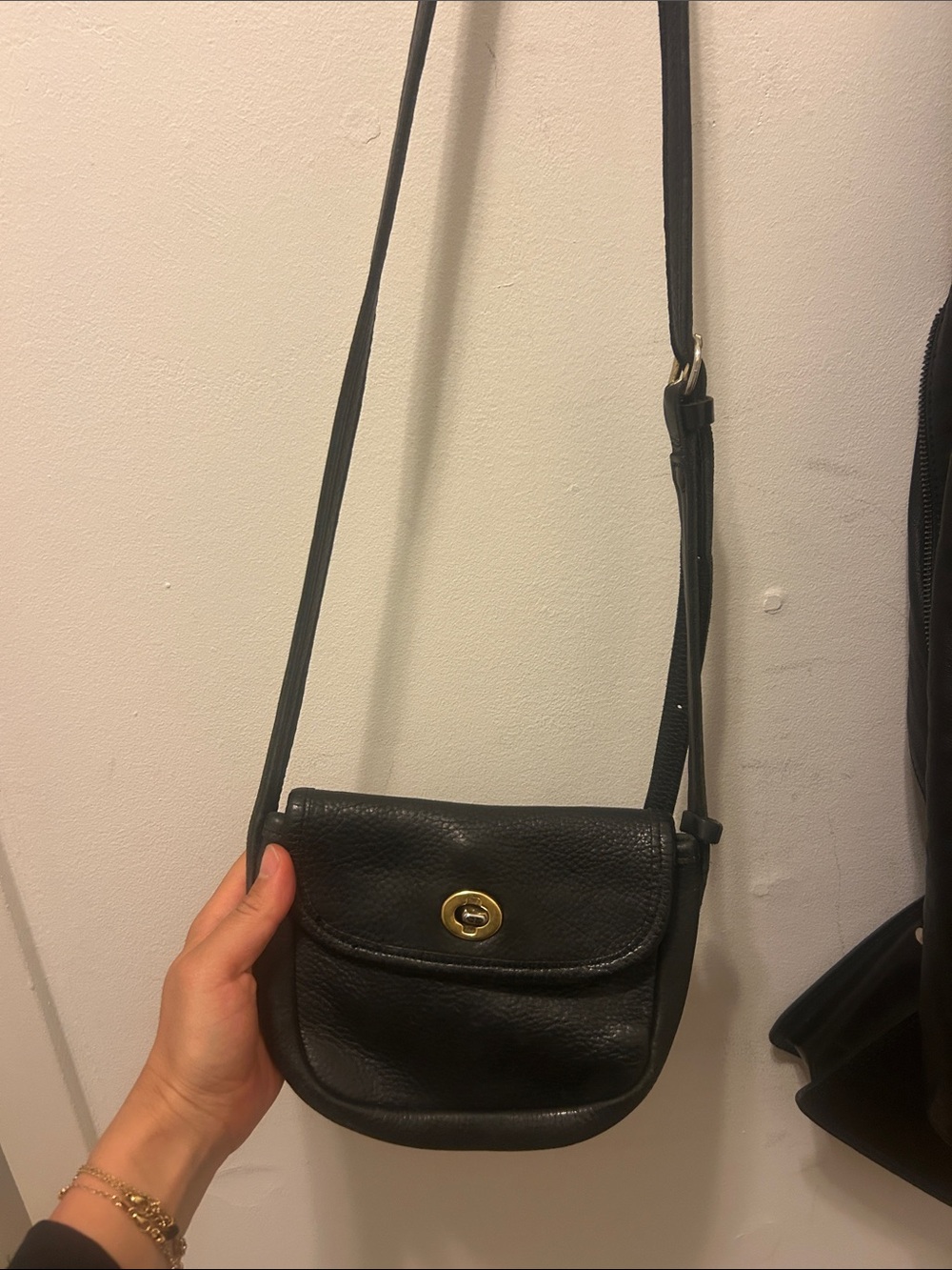 Classic Black Leather Crossbody Bag with Gold Turn-Lock
